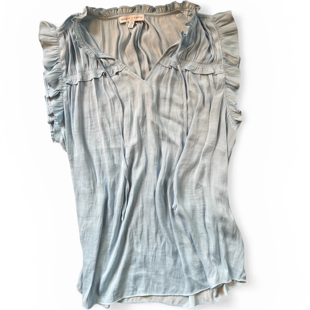 Satin Soft Sleeveless Ruffle-Trim Light Blue Blouse with Tie front Frilly Ruffle